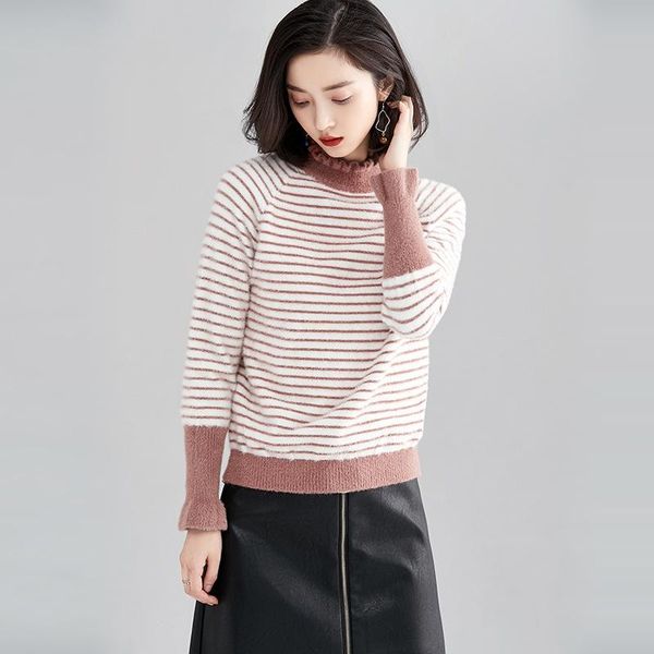 women's sweaters faux mink rong mao yi female 2021 autumn and winter style short striped frill trim collar jumpers wild bottoming shirt, White;black
women's sweaters faux mink rong mao yi female 2021 autumn and winter style short striped frill trim collar jumpers wild bottoming shirt, White;black