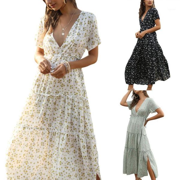 women summer bohemian dress, full floral deep v-neck short sleeves loose skirt with slit hem for girls, 3 colors women's swimwear, White;black
women summer bohemian dress, full floral deep v-neck short sleeves loose skirt with slit hem for girls, 3 colors women's swimwear, White;black