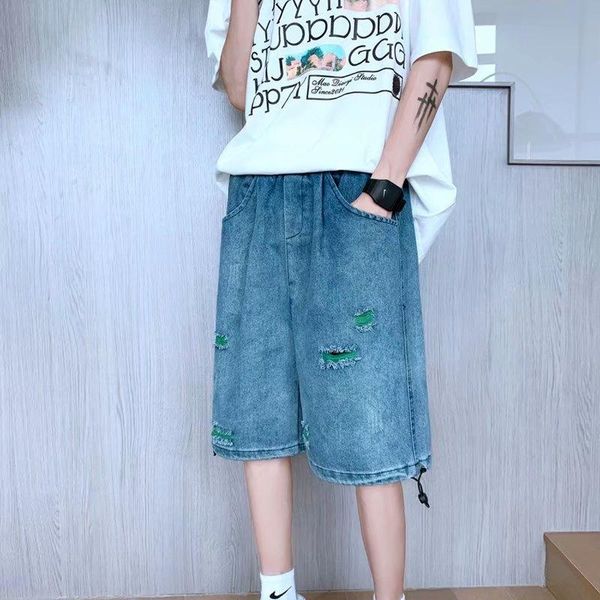 men's shorts 2021 summer denim high street hip hop american jeans loose hole trend capris, White;black
men's shorts 2021 summer denim high street hip hop american jeans loose hole trend capris, White;black