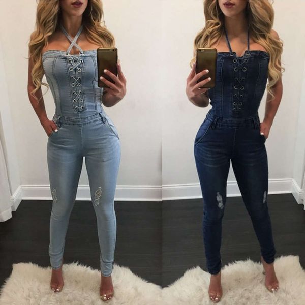 hip hop foot women's elastic bandage hollow small neck off shoulder denim jumpsuit k, Blue
hip hop foot women's elastic bandage hollow small neck off shoulder denim jumpsuit k, Blue