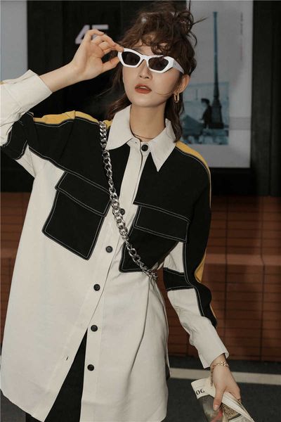 patchwork contrasting color open-line shirt loose slimming full turn-down collar women blouse 210615, White
patchwork contrasting color open-line shirt loose slimming full turn-down collar women blouse 210615, White