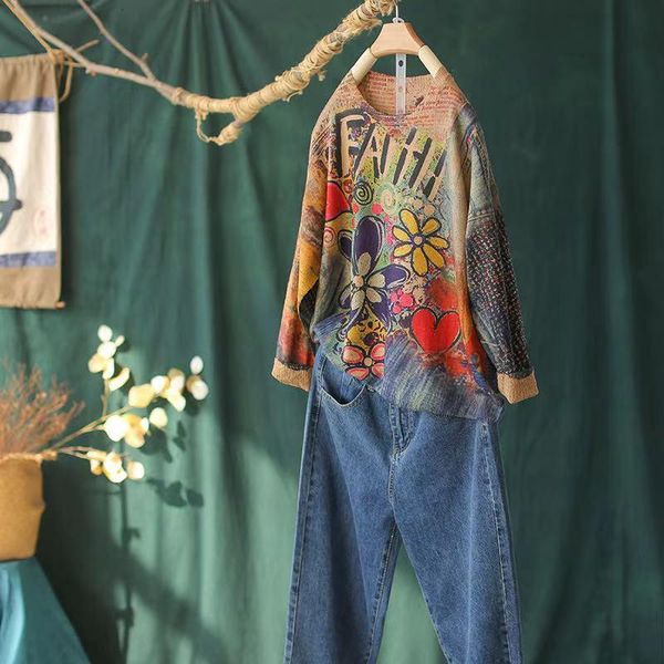 2021 spring vintage knitted tshirts women floral letter printed o-neck collar full sleeve loose casual female, White
2021 spring vintage knitted tshirts women floral letter printed o-neck collar full sleeve loose casual female, White