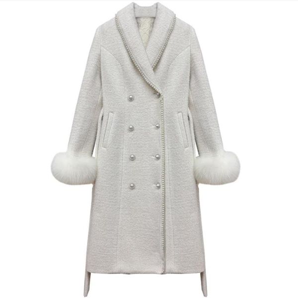 women's wool & blends white fashion beading long woolen coat women lapel fur stitching double breasted overcoat, Black
women's wool & blends white fashion beading long woolen coat women lapel fur stitching double breasted overcoat, Black