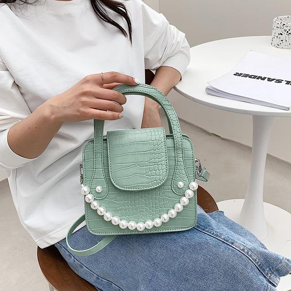 evening bags summer women handbag small 2021 female shoulder bag green ladies square pu leather with pearl chain