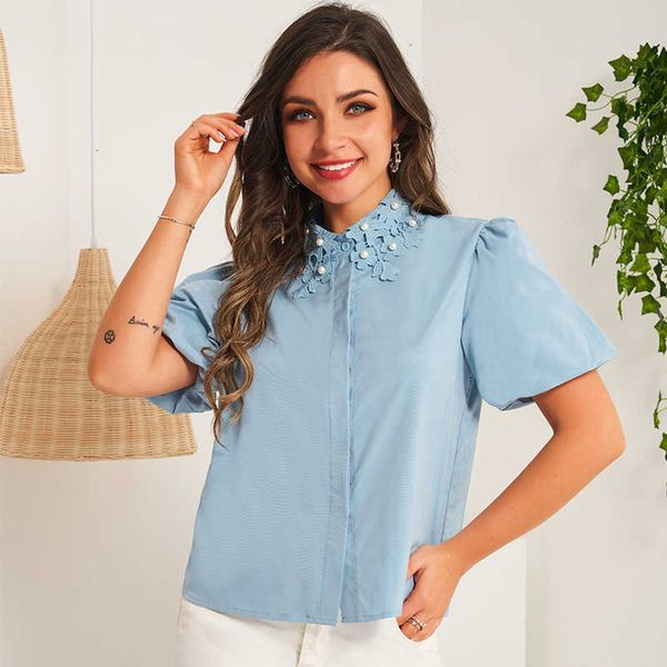 women's blouses & shirts 2021 summer women blue lace pearls flower hollow collar breasted lantern short-sleeved sweet office, White
women's blouses & shirts 2021 summer women blue lace pearls flower hollow collar breasted lantern short-sleeved sweet office, White