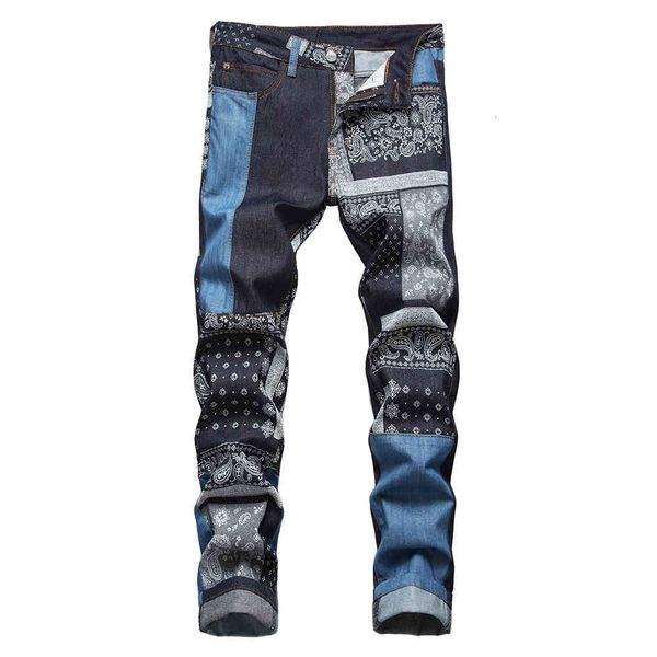 men's jeans patchwork slim straight denim paisley bandanna printed patch beggar pants trendy streetwear spliced trousers yihz, Blue
men's jeans patchwork slim straight denim paisley bandanna printed patch beggar pants trendy streetwear spliced trousers yihz, Blue