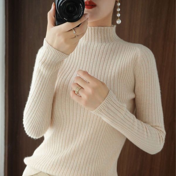 sweater 2020 new women's winter thickened and skinny knitted with western style half high collar, White;black