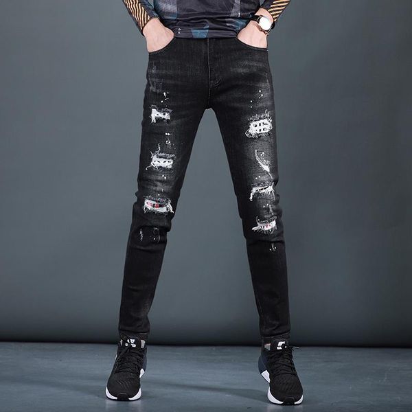 men's jeans black ripped men casual streetwear patch printed denim trousers, Blue
men's jeans black ripped men casual streetwear patch printed denim trousers, Blue
