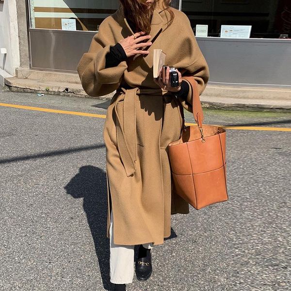 women's wool & blends women elegant long coat with belt chic batwing sleeve pockets loose solid female autumn winter outerwear, Black
women's wool & blends women elegant long coat with belt chic batwing sleeve pockets loose solid female autumn winter outerwear, Black