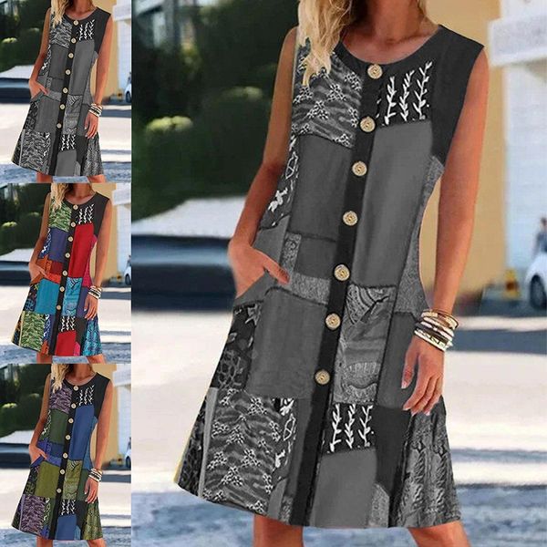 2021 women's round neck sleeveless printed contrast pocket dress beach party women, Black;gray
2021 women's round neck sleeveless printed contrast pocket dress beach party women, Black;gray