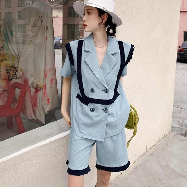 women's tracksuits summer casual outfits fashion ruffles contrast color short sleeve double breasted blazer coat + high waist shorts tw, Gray
women's tracksuits summer casual outfits fashion ruffles contrast color short sleeve double breasted blazer coat + high waist shorts tw, Gray