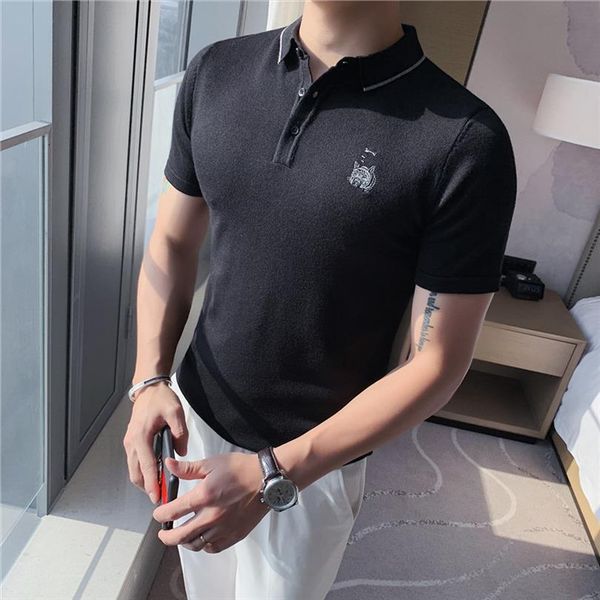 summer ice silk knitting shirt men polo solid lapel slim short sleeved casual embroidered logo male clothes, White;black
summer ice silk knitting shirt men polo solid lapel slim short sleeved casual embroidered logo male clothes, White;black
