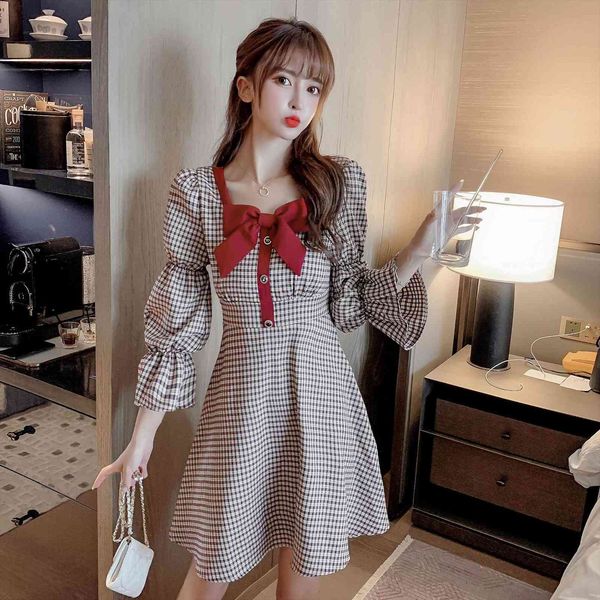french style plaid one piece women dress korean spring vintage bow square collar dresses red blue 520, Black;gray
french style plaid one piece women dress korean spring vintage bow square collar dresses red blue 520, Black;gray