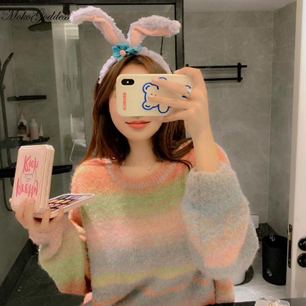 women's sweaters rainbow knitted sweater women elegant oversize sweet kawaii female japanese korean style jumper 2021, White;black
women's sweaters rainbow knitted sweater women elegant oversize sweet kawaii female japanese korean style jumper 2021, White;black