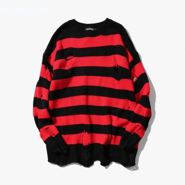 men's sweaters black red striped washed destroyed ripped sweater men hole knit jumpers women oversized harajuku, White;black
men's sweaters black red striped washed destroyed ripped sweater men hole knit jumpers women oversized harajuku, White;black