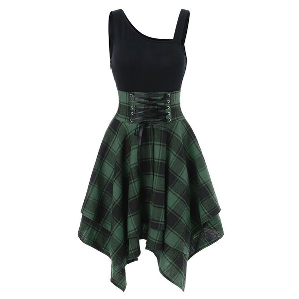 women summer dress sleeveless cold shoulder cross lace up plaid print fashion lady evening party irregular dresses vestidos for women, Black;gray
women summer dress sleeveless cold shoulder cross lace up plaid print fashion lady evening party irregular dresses vestidos for women, Black;gray