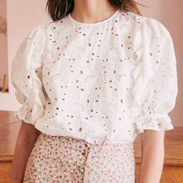 women's knits & tees embroidered cotton blouse women summer ruffle puff sleeve o neck hollow out chic elegant shirts vintage tunic, White
women's knits & tees embroidered cotton blouse women summer ruffle puff sleeve o neck hollow out chic elegant shirts vintage tunic, White