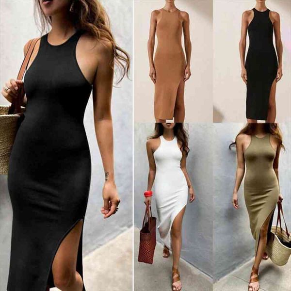 women midi dress solid color sleeveless o neck high slit hem bodycon dress for party, Black;gray
women midi dress solid color sleeveless o neck high slit hem bodycon dress for party, Black;gray