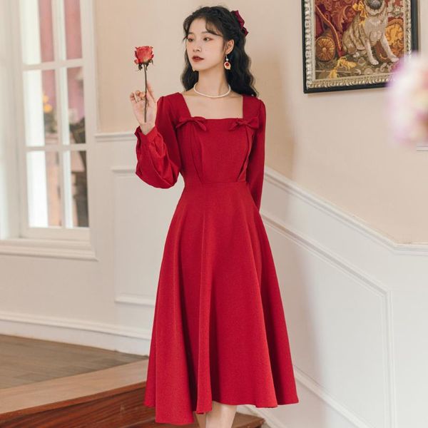 casual dresses tea break retro red square neck robe elegant bowknot decoration chic design niche party fashion dress fall vestido midi, Black;gray
casual dresses tea break retro red square neck robe elegant bowknot decoration chic design niche party fashion dress fall vestido midi, Black;gray
