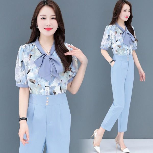 women's two piece pants 2021summer fashion temperament women bow-knot printed short sleeve shirts + high-waist trousers two-piece sets, White
women's two piece pants 2021summer fashion temperament women bow-knot printed short sleeve shirts + high-waist trousers two-piece sets, White