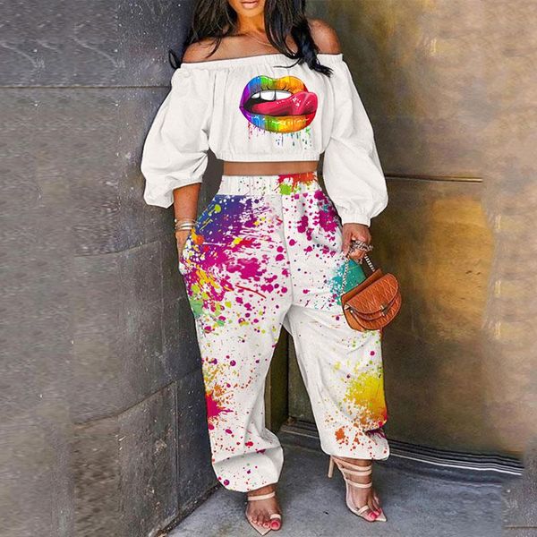 women's two piece pants 2021 spring summer ladies off shoulder outfits homewear lip print lantern sleeve crop & ink splash set, White
women's two piece pants 2021 spring summer ladies off shoulder outfits homewear lip print lantern sleeve crop & ink splash set, White