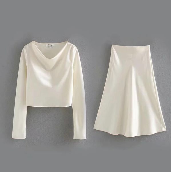 2021 spring french bright satin long sleeve shirt women a line long skirt crop short pullover blouse 2 pieces set, White
2021 spring french bright satin long sleeve shirt women a line long skirt crop short pullover blouse 2 pieces set, White
