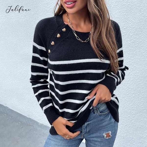 women's sweaters striped knit sweater o neck shoulder buckle elegant 2021 autumn fashion casual loose long sleeve vintage pullover, White;black
women's sweaters striped knit sweater o neck shoulder buckle elegant 2021 autumn fashion casual loose long sleeve vintage pullover, White;black