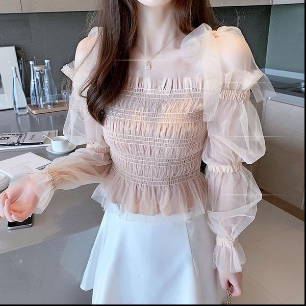 womens ruffle mesh stitched transparent lace chiffon shirt one word shoulder splice chiffon bow blouses shirts 91b, White
womens ruffle mesh stitched transparent lace chiffon shirt one word shoulder splice chiffon bow blouses shirts 91b, White