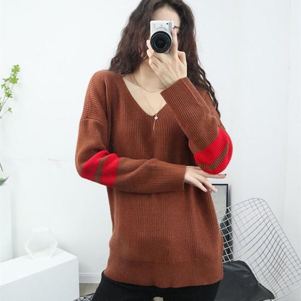 women's sweaters autumn women sweater v-neck knit pull long sleeve color patchwork loose ladies top, White;black
women's sweaters autumn women sweater v-neck knit pull long sleeve color patchwork loose ladies top, White;black