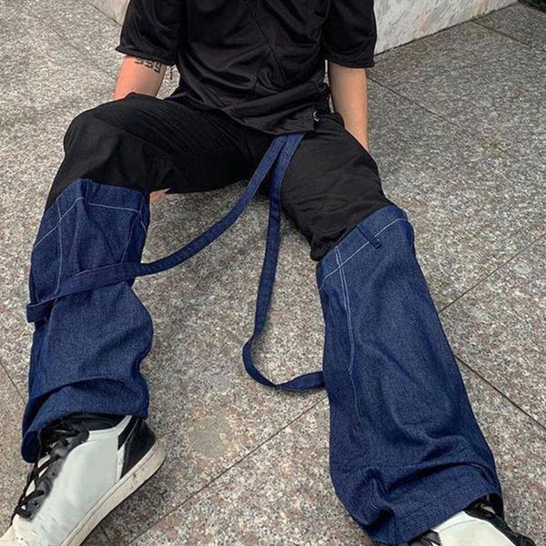women's jeans high waist leg trousers color matching ribbon loose patchwork wide pants casual streetwear female, Blue
women's jeans high waist leg trousers color matching ribbon loose patchwork wide pants casual streetwear female, Blue