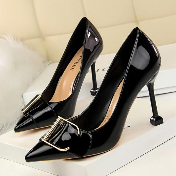 dress shoes high heels women's 10cm thin office career pumps patent leather shallow pointed metal belt buckle single, Black
dress shoes high heels women's 10cm thin office career pumps patent leather shallow pointed metal belt buckle single, Black