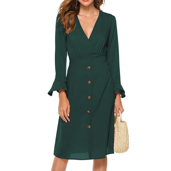 casual dresses elegant long dress women fashion solid v neck buttons slim flare sleeve party robe femme, Black;gray
casual dresses elegant long dress women fashion solid v neck buttons slim flare sleeve party robe femme, Black;gray