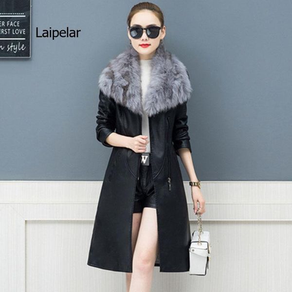 women's leather & faux large fur collar jacket thick plus velvet pu women winter fashion slim medium-length, Black
women's leather & faux large fur collar jacket thick plus velvet pu women winter fashion slim medium-length, Black