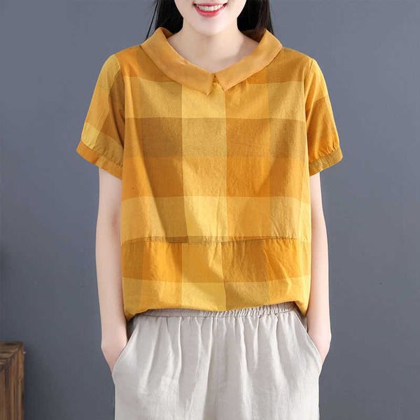 women's blouses & shirts summer arts style women short sleeve loose casual peter pan collar cotton linen plaid vint 4a7c, White
women's blouses & shirts summer arts style women short sleeve loose casual peter pan collar cotton linen plaid vint 4a7c, White