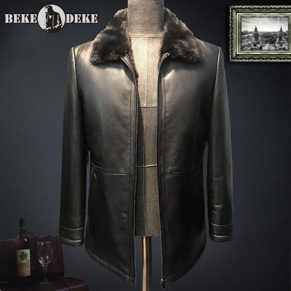 men's leather & faux luxury business men winter warm fur lining genuine jacket real mink collar shearling coat slim fit outwear overcoa, Black
men's leather & faux luxury business men winter warm fur lining genuine jacket real mink collar shearling coat slim fit outwear overcoa, Black