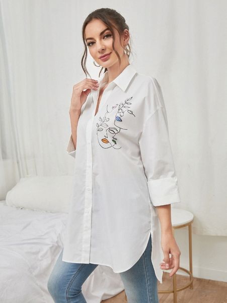 figure graphic button up blouse w2q4#, White