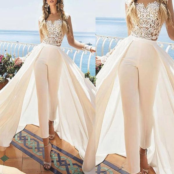 jumpsuit wedding dresses with detachable train ankle length jewel neck appliques outfit bridal dress satin overskirt wedding gowns, White
jumpsuit wedding dresses with detachable train ankle length jewel neck appliques outfit bridal dress satin overskirt wedding gowns, White