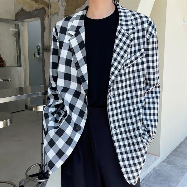 men's suits & blazers different plaid splice jacket men korean streetwear chic vintage fashion loose casual man coat e589, White;black
men's suits & blazers different plaid splice jacket men korean streetwear chic vintage fashion loose casual man coat e589, White;black