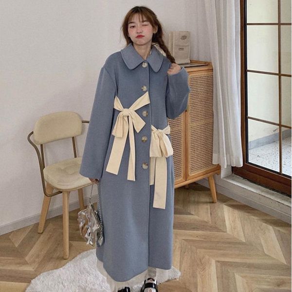 women's wool & blends japanese sweet loose autumn pockets long 2021 fashion bow casual winter warm women woolen coat, Black