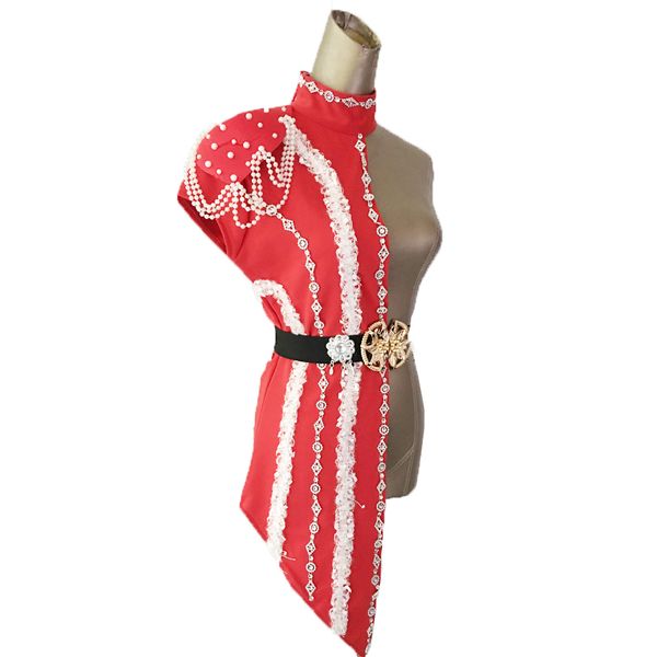 new fashion womens patchwork set stage singer ds dj costume for dancing clothes with white pearl chain collar, Black;red
new fashion womens patchwork set stage singer ds dj costume for dancing clothes with white pearl chain collar, Black;red