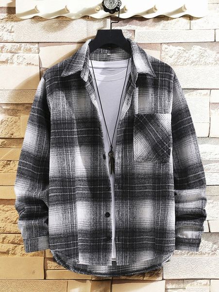 men plaid pocket front overcoat i5jn#, Black;brown