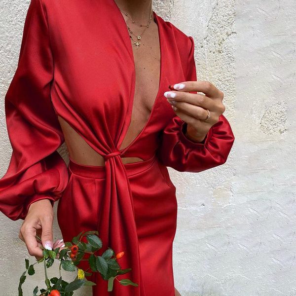 casual dresses hirigin elegant women satin knotted dress 2021 v-neck fall solid color long sleeve high waist hollow out mini vestidos, Black;gray
casual dresses hirigin elegant women satin knotted dress 2021 v-neck fall solid color long sleeve high waist hollow out mini vestidos, Black;gray