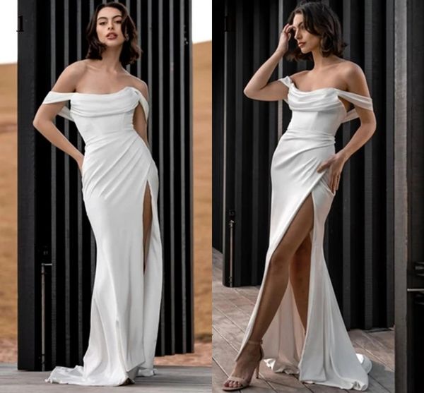 long satin mermaid wedding dress high side slit sleeveless off shoulder simple bridal marriage gowns floor length boho beach vestidos de nov, White
long satin mermaid wedding dress high side slit sleeveless off shoulder simple bridal marriage gowns floor length boho beach vestidos de nov, White