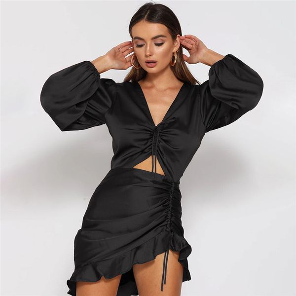 deep v-neck party dress women satin lace up ruffles holow out ruched dress female vestido elegant slim mini dresses 2021, Black;gray
deep v-neck party dress women satin lace up ruffles holow out ruched dress female vestido elegant slim mini dresses 2021, Black;gray