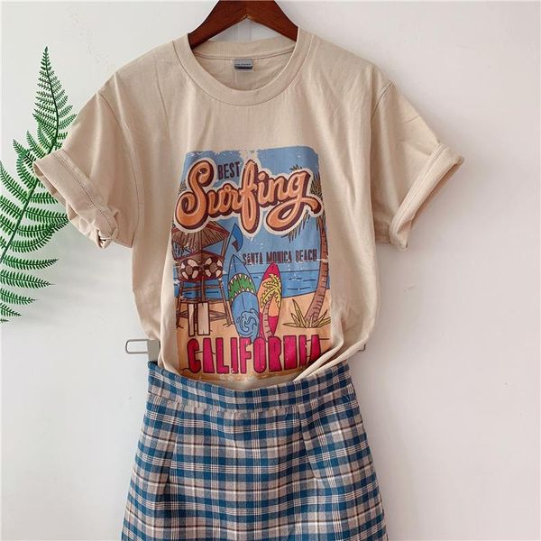 women's t-shirt surfing california funny printed t shirt khaki cotton fashion tees women short sleeve vintage, White
women's t-shirt surfing california funny printed t shirt khaki cotton fashion tees women short sleeve vintage, White