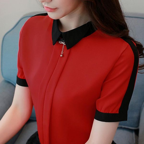 women's blouses & shirts 2021 fashion ol office women short sleeve summer black white patchwork blusa femininas chiffon