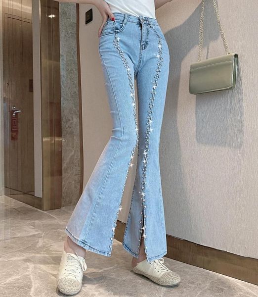 women's jeans fashionable heavy industry beaded and diamond split elastic stretch slim wide-leg flared pants, Blue
women's jeans fashionable heavy industry beaded and diamond split elastic stretch slim wide-leg flared pants, Blue
