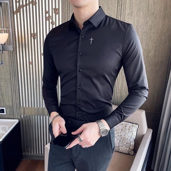men's casual shirts embroidered solid color shirt business formal 2021 long sleeve slim fit social party clothes chemise homme, White;black
men's casual shirts embroidered solid color shirt business formal 2021 long sleeve slim fit social party clothes chemise homme, White;black