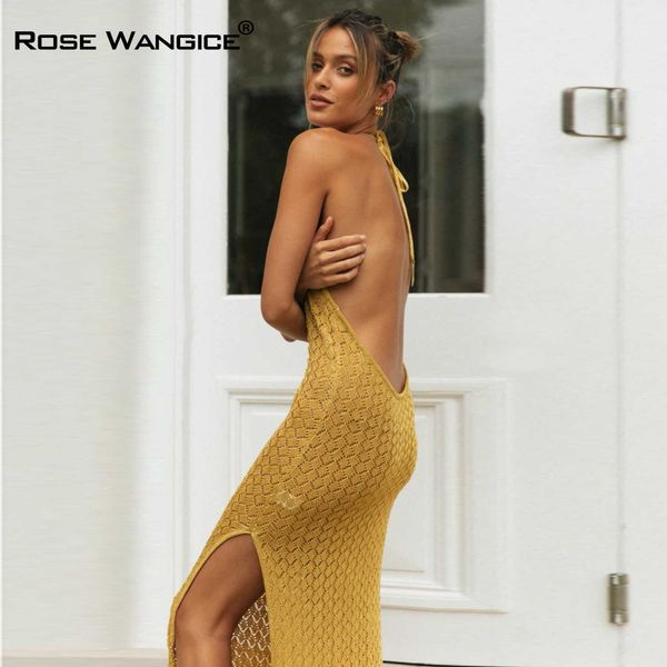 fashion sleeveless backless maxi dress 2021 women clothing summer knitted see through beachwear holiday long split dresses y0603, Black;gray
fashion sleeveless backless maxi dress 2021 women clothing summer knitted see through beachwear holiday long split dresses y0603, Black;gray