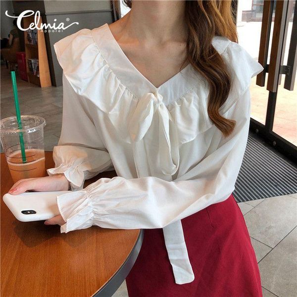 women's blouses & shirts korean women fashion blouse celmia 2021 summer v-neck bow tie ruffles shirt flare sleeve casual elegant ladies, White
women's blouses & shirts korean women fashion blouse celmia 2021 summer v-neck bow tie ruffles shirt flare sleeve casual elegant ladies, White